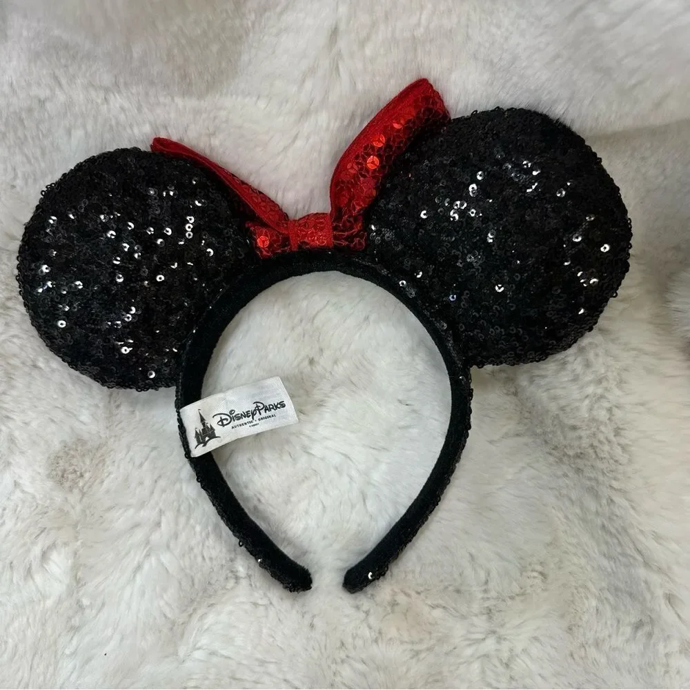 Disney Parks Minnie Mouse Sequin Headband Ears Black Red
